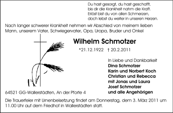 Traueranzeige von Wilhelm Schmotzer von Rüsselsheimer Echo, Groß-Gerauer-Echo, Ried Echo