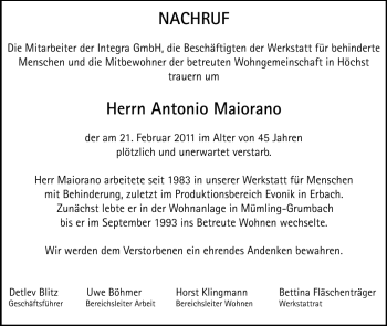 Traueranzeige von Antonio Maiorano von Odenwälder Echo