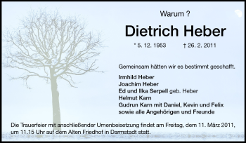 Traueranzeige von Dietrich Heber von Darmstädter Echo, Odenwälder Echo, Rüsselsheimer Echo, Groß-Gerauer-Echo, Ried Echo