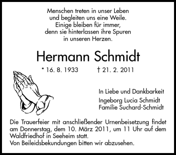 Traueranzeige von Hermann Schmidt von Darmstädter Echo, Odenwälder Echo, Rüsselsheimer Echo, Groß-Gerauer-Echo, Ried Echo