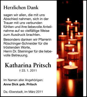 Traueranzeige von Katharina Pritsch von Darmstädter Echo, Odenwälder Echo, Rüsselsheimer Echo, Groß-Gerauer-Echo, Ried Echo
