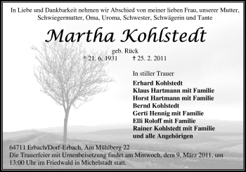 Traueranzeige von Martha Kohlstedt von Odenwälder Echo