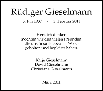 Traueranzeige von Rüdiger Gieselmann von Darmstädter Echo, Odenwälder Echo, Rüsselsheimer Echo, Groß-Gerauer-Echo, Ried Echo