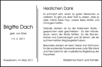 Traueranzeige von Brigitte Dach von Rüsselsheimer Echo, Groß-Gerauer-Echo, Ried Echo