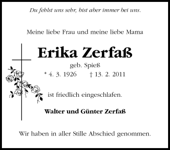Traueranzeige von Erika Zerfaß von Darmstädter Echo, Odenwälder Echo, Rüsselsheimer Echo, Groß-Gerauer-Echo, Ried Echo