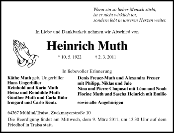 Traueranzeige von Heinrich Muth von Darmstädter Echo, Odenwälder Echo, Rüsselsheimer Echo, Groß-Gerauer-Echo, Ried Echo