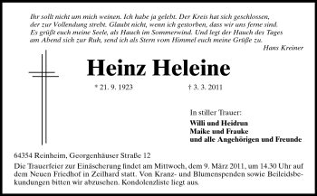 Traueranzeige von Heinz Heleine von Darmstädter Echo, Odenwälder Echo, Rüsselsheimer Echo, Groß-Gerauer-Echo, Ried Echo
