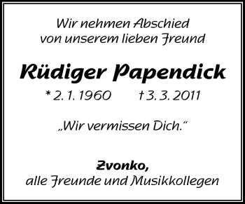 Traueranzeige von Rüdiger Papendick von Echo-Zeitungen (Gesamtausgabe)