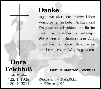 Traueranzeige von Dora Teichfuß von Rüsselsheimer Echo, Groß-Gerauer-Echo, Ried Echo