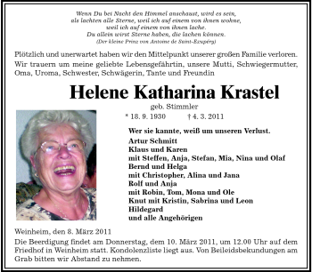 Traueranzeige von Helene Katharina Krastel von Starkenburger Echo