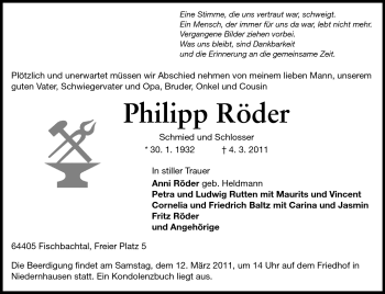 Traueranzeige von Philipp Röder von Darmstädter Echo, Odenwälder Echo, Rüsselsheimer Echo, Groß-Gerauer-Echo, Ried Echo