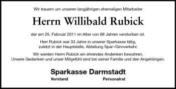 Traueranzeige von Willibald Rubick von Echo-Zeitungen (Gesamtausgabe)