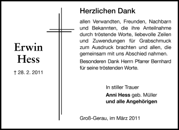 Traueranzeige von Erwin Hess von Rüsselsheimer Echo, Groß-Gerauer-Echo, Ried Echo