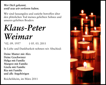 Traueranzeige von Klaus-Peter Weimar von Odenwälder Echo