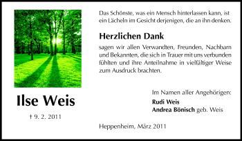 Traueranzeige von Ilse Weis von Starkenburger Echo, Bergsträßer Anzeiger