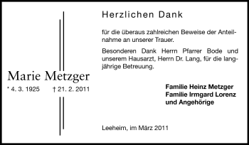 Traueranzeige von Marie Metzger von Rüsselsheimer Echo, Groß-Gerauer-Echo, Ried Echo