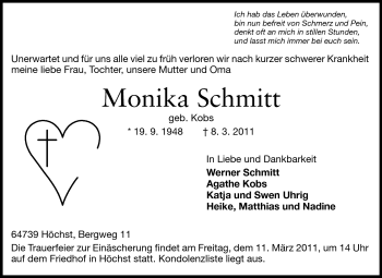 Traueranzeige von Monika Schmitt von Odenwälder Echo