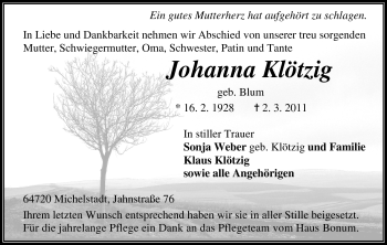 Traueranzeige von Johanna Klötzig von Odenwälder Echo