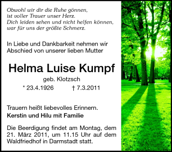 Traueranzeige von Helma Luise Kumpf von Echo-Zeitungen (Gesamtausgabe)