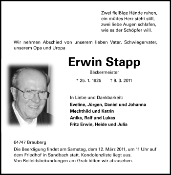 Traueranzeige von Erwin Stapp von Odenwälder Echo