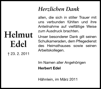 Traueranzeige von Helmut Edel von Echo-Zeitungen (Gesamtausgabe)