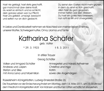 Traueranzeige von Katharina Schäfer von Rüsselsheimer Echo, Groß-Gerauer-Echo, Ried Echo
