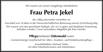 Traueranzeige von Petra Jekel von Odenwälder Echo