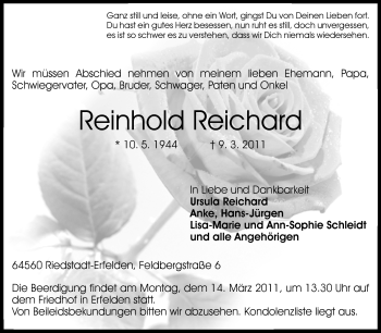 Traueranzeige von Reinhold Reichard von Rüsselsheimer Echo, Groß-Gerauer-Echo, Ried Echo