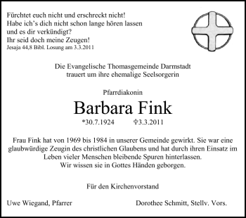 Traueranzeige von Barbara Fink von Echo-Zeitungen (Gesamtausgabe)