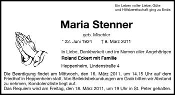 Traueranzeige von Maria Stinner von Starkenburger Echo