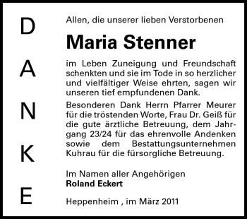 Traueranzeige von Maria Stenner von Starkenburger Echo