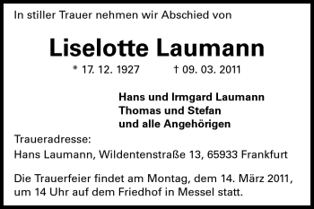 Traueranzeige von Liselotte Laumann von Darmstädter Echo, Odenwälder Echo, Rüsselsheimer Echo, Groß-Gerauer-Echo, Ried Echo