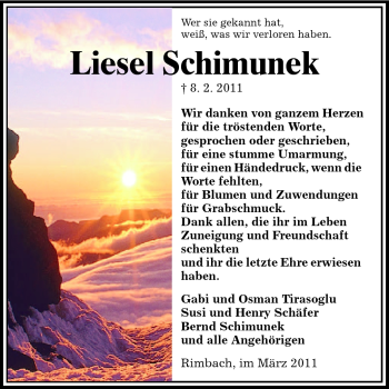 Traueranzeige von Liesel Schimunek von Starkenburger Echo