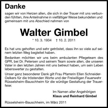 Traueranzeige von Walter Gimbel von Rüsselsheimer Echo, Groß-Gerauer-Echo, Ried Echo
