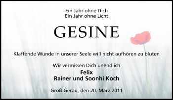 Traueranzeige von Gesine - von Rüsselsheimer Echo, Groß-Gerauer-Echo, Ried Echo