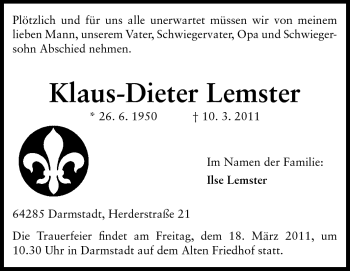 Traueranzeige von Klaus-Dieter Lemster von Darmstädter Echo, Odenwälder Echo, Rüsselsheimer Echo, Groß-Gerauer-Echo, Ried Echo