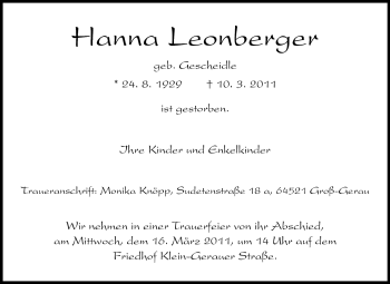 Traueranzeige von Hanna Leonberger von Rüsselsheimer Echo, Groß-Gerauer-Echo, Ried Echo
