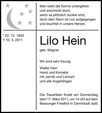 Traueranzeige von Lilo Hein von Darmstädter Echo, Odenwälder Echo, Rüsselsheimer Echo, Groß-Gerauer-Echo, Ried Echo