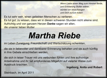Traueranzeige von Martha Riebe von Odenwälder Echo