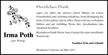 Traueranzeige von Irma Poth von Darmstädter Echo, Odenwälder Echo, Rüsselsheimer Echo, Groß-Gerauer-Echo, Ried Echo