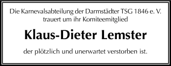 Traueranzeige von Klaus-Dieter Lemster von Darmstädter Echo, Odenwälder Echo, Rüsselsheimer Echo, Groß-Gerauer-Echo, Ried Echo