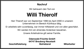 Traueranzeige von Willi Thierolf von Odenwälder Echo