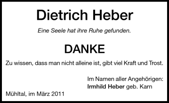 Traueranzeige von Dietrich Heber von Darmstädter Echo, Odenwälder Echo, Rüsselsheimer Echo, Groß-Gerauer-Echo, Ried Echo