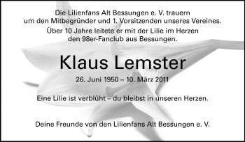 Traueranzeige von Klaus-Dieter Lemster von Echo-Zeitungen (Gesamtausgabe)