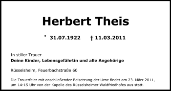 Traueranzeige von Herbert Theis von Rüsselsheimer Echo, Groß-Gerauer-Echo, Ried Echo
