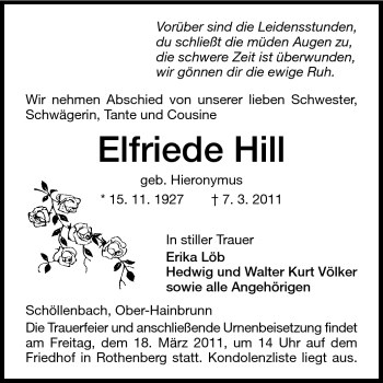 Traueranzeige von Elfriede Hill von Odenwälder Echo