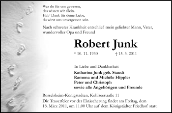 Traueranzeige von Robert Junk von Rüsselsheimer Echo, Groß-Gerauer-Echo, Ried Echo