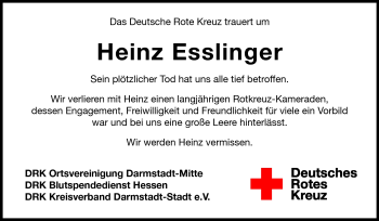 Traueranzeige von Heinz Esslinger von Darmstädter Echo, Odenwälder Echo, Rüsselsheimer Echo, Groß-Gerauer-Echo, Ried Echo