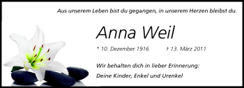 Traueranzeige von Anna Weil von Darmstädter Echo, Odenwälder Echo, Rüsselsheimer Echo, Groß-Gerauer-Echo, Ried Echo