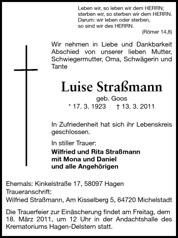 Traueranzeige von Luise Straßmann von Odenwälder Echo